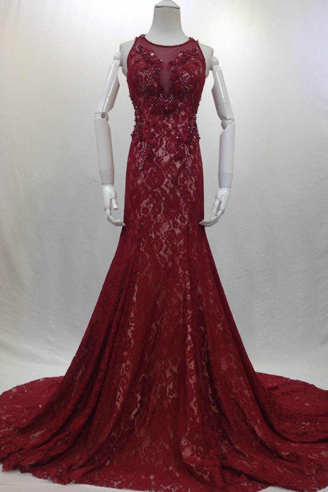 Fashionable Beading Red Evening Dresses Real Photos Long Elegant Sexy Party Lace Chapel Train Prom Dresses Ja122