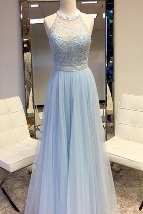 Elegant Round Neck Sleeveless Floor Length Silver Prom Dress with Lace Beading JA130