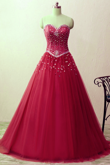 Sweetheart Crystal Beads Satin Tulle Floor Length Ball Gown Prom Quinceanera Dresses Ja143