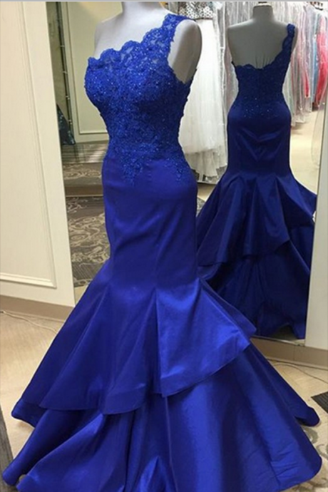 Blue Lace One Shoulder Mermaid Long Dresses,formal Dresses For Graduation Ja156