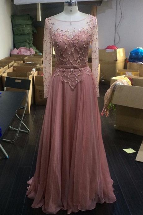 Peach Chiffon See-through Long Sleeves A-line Round Neck Sequins Simple Long Prom Dresses Ja160