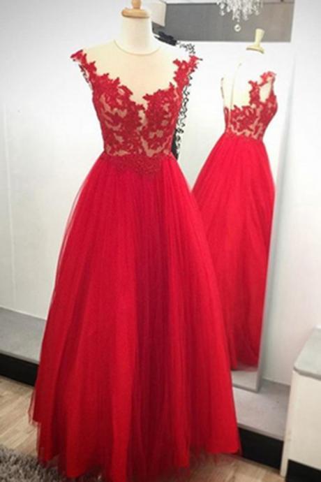 Red tulle see-through round neck lace applique long dress, A-line evening dress homecoming dress JA162