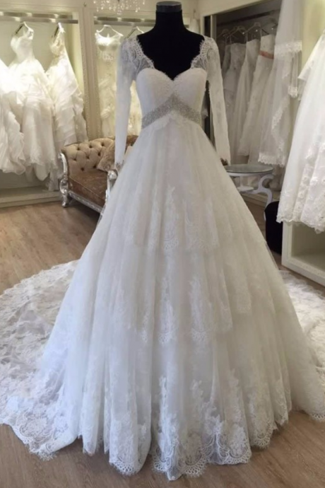 Real Photos Long Sleeve V Neck Wedding Dress Backless Vestido De Noiva Chapel Train Crystal Beading Long Robe De Mariage Ja192
