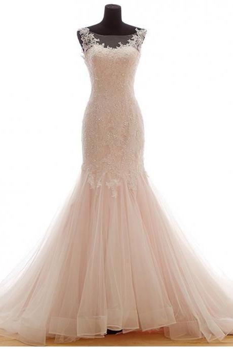 Bateau Sheer Mermaid Wedding Dress Featuring Lace Appliqués and Lace-Up Back