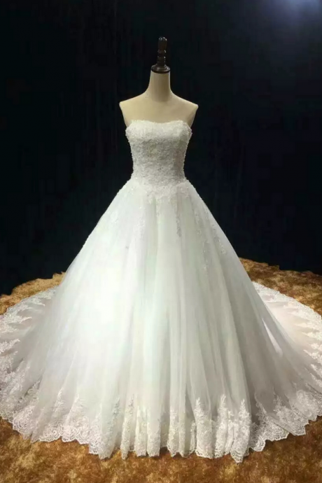 Chapel train soft tulle lace appliques strapless wedding dress real photo vestido noiva prince with pearls free custom-made JA196