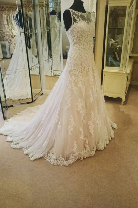 Sheer Sleeveless Lace Appliqués A-line Wedding Dress with Long Train and V-Back