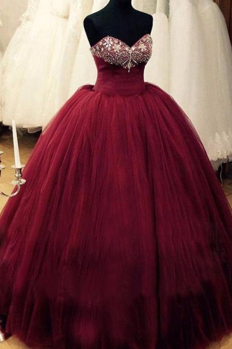 Puffy Burgundy Qinceanera Dresses Prom Dress Ball Gown Beaded Top Corest Lace-Up Back Floor Length Princess Vestidos De Debutante Gowns JA224