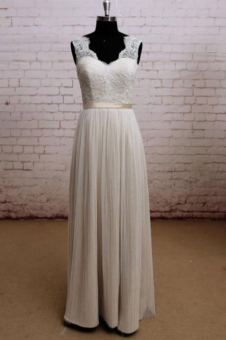 Champagne A-line Floor-length Wedding Dress with Sheer Pleated Overlay and Lace Bodice JA233