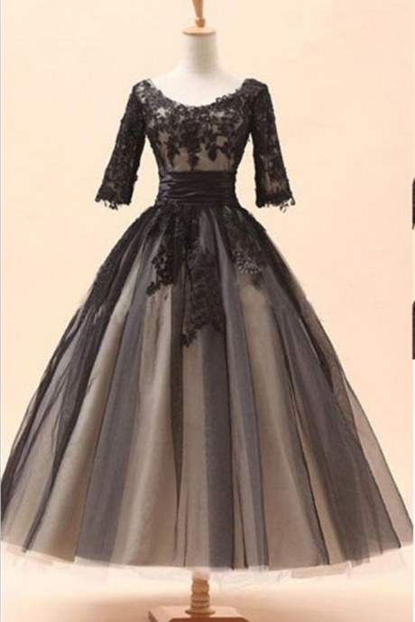 Lace Prom Dress, Black Prom Dress, Tea-length Prom Dress, Vintage Prom Dress, Party Prom Dress, Prom Dress Gown, Evening Dress Ja237