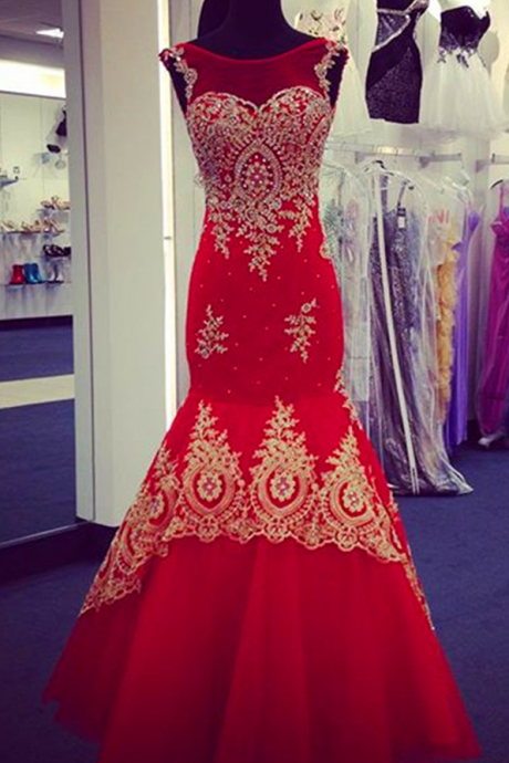 Prom Dress,New Arrival Prom Dress,Modest Prom Dresses,Red Mermaid Evening Dresses Gold Lace Appliques Cap Sleeves Prom Gowns JA244