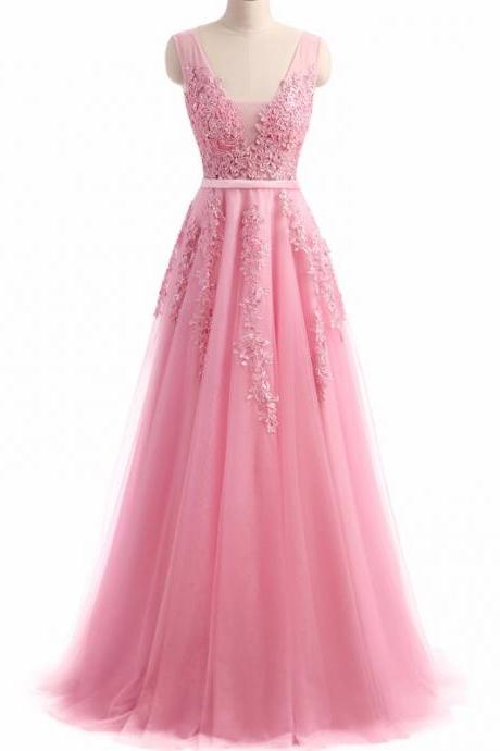 Vestido de festa New Coming Robe De Soiree V Neck with Lace Appliques Long Tulle Party Evening Dresses 2017 Pink Navy Blue Gray JA264