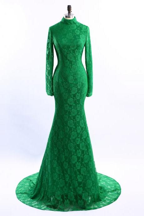 Long Sleeve Evening Dress High Neck Green Evening Dresses Lace Mermaid Vestido De Festa Court Train Dress Party Elegant Ja267