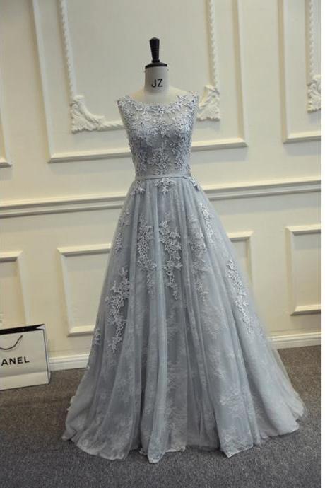 Real Photos Grey Long Prom Dresses Floor Length Tulle With Lace Party Dresses Elegant A Line Ja273