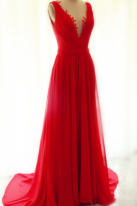 Beautiful Red Chiffon Long V-neckline Handmade Evening Gowns with See Through Tulle, Red Party Dresses, Prom Gowns, Graduation Dresses, Party Dress,Wedding Guest Prom Gowns, Formal Occasion Dresses,Formal Dress JA281