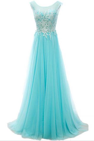 Sleeveless A-line Long Prom Dress with Lace Appliques Evening Dress Party Dress JA287