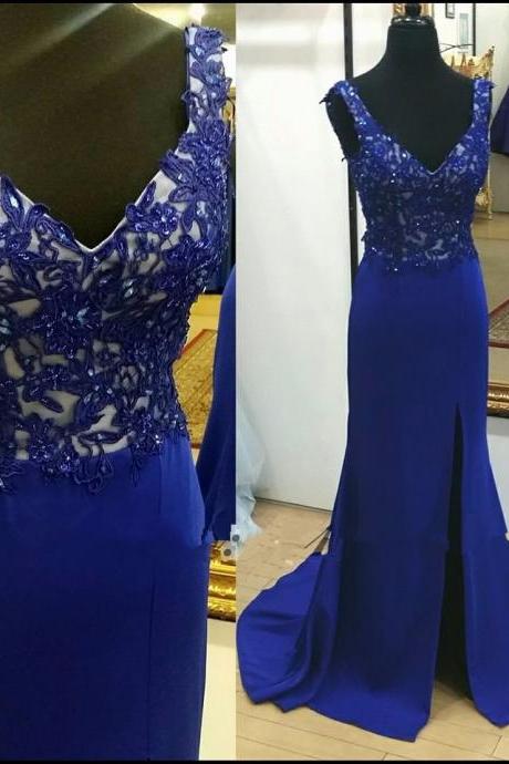 Prom Dress,split Side Evening Dress ,blue High Neck Evening Dress,lace Appliques Formal Dress With Beaded,long Prom Dress,graduation