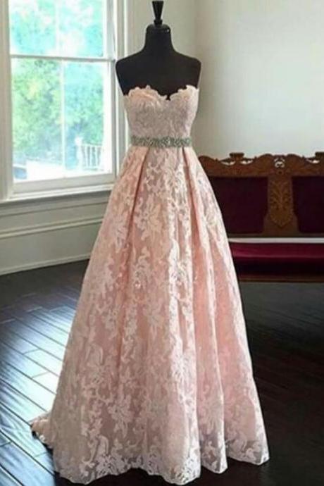 Strapless Sweetheart Lace A-line Long Prom Dress, Blush Pink Prom Dresses
