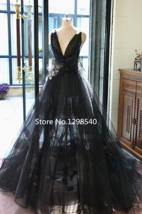 Black A-line Wedding Dress Vestido De Noiva Real Open Back V-neck Wedding Gowns Vestidos De Noivas Para Casamento C57