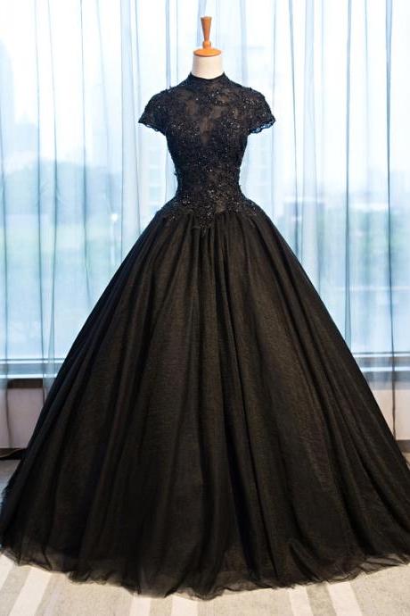 Vintage High Neck Black Wedding Dresses Cap Sleeves Applique Lace Beading Corset Ball Gown Wedding Dress Gothic Bridal Gown C60