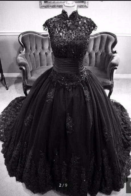 Real picture black lace ball gown muslim wedding dress lace high neck princess gothic wedding gowns Vestido De Noiva C66
