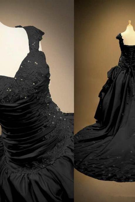 Gothic Black Ball Gown Wedding Dress With Lace Appliques Beading Draped Formal Bride Bridal Gown vestido de noiva C74
