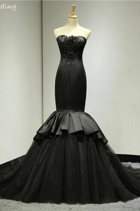 Real Made Strapless Luxury Beading Black Satin Mermaid Long Wedding Dress Bridal Gown C80