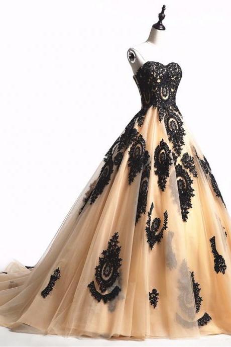 Vintage Gothic Wedding Dresses Black Champagne Sweetheart Lace Ball Gown Colorful Wedding Gowns With Color Custom Made C90