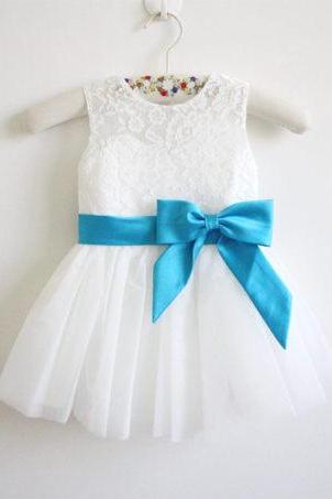 Light Ivory Flower Girl Dress Blue Ribbon Baby Girl Dress Lace Tulle Flower Girl Dress With Blue Sash/bows Sleeveless D1