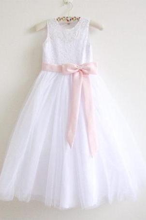 White Lace Flower Girl Dress Pink Baby Girls Dress Lace Tulle White Flower Girl Dress With Pink Sash/bows Sleeveless Floor-length D2