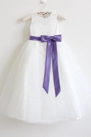 Light Ivory Flower Girl Dress Purple Baby Girls Dress Lace Tulle Flower Girl Dress With Purple Sash/bows Floor-length D7