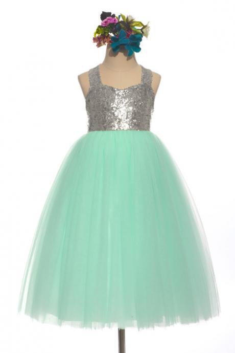 Silver Mint Flower Girl Dress/mint Flower Girl Dress/silver Sequin Dress/pageant Dress/mint Tulle Dress/tulle Baby Girl Dress/dress With Bow D24