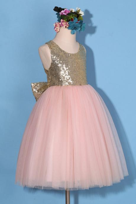 Flower Girl Dress/gold Pink Flower Girl Dress/gold Sequin Dress/pink Tulle Dress/sequin Flower Girl Dress With Bow/pink Pageant Dress D26