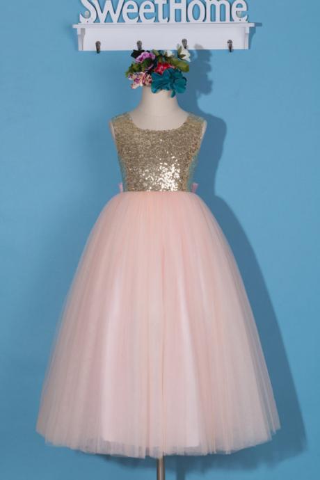 Pink flower girl dress/gold sequin flower girl dress/pink pageant dress/communion dress/pink tulle flower girl dress/junior bridesmaid dress D31