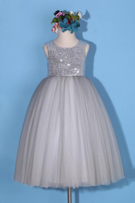 Custom Made Silver Sequined Sleeveless Glittery Tulle Ball Gown, Children Evening Dress, Kids Clothing, Party Frock, Flower Girl Dresses, First