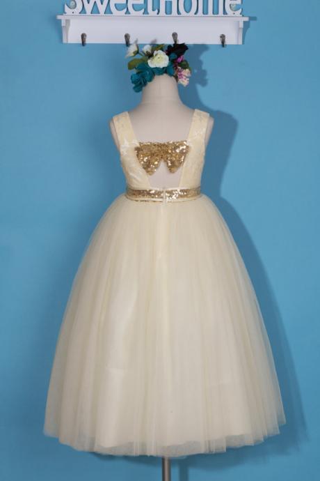 Flower Girl Dress/ivory Lace Tulle Flower Girl Dress/ivory Pageant Dress/ivory Dress With Gold Bow/tulle Flower Girl Dress/ivory Lace Dress D33