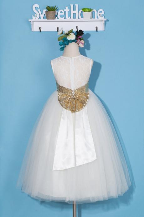 Flower Girl Dress/gold Sequin Dress/lace Flower Girl Dress/tulle Flower Girl Dress/communion Dress/pageant Dress/gold Sequin Bow Dress D34