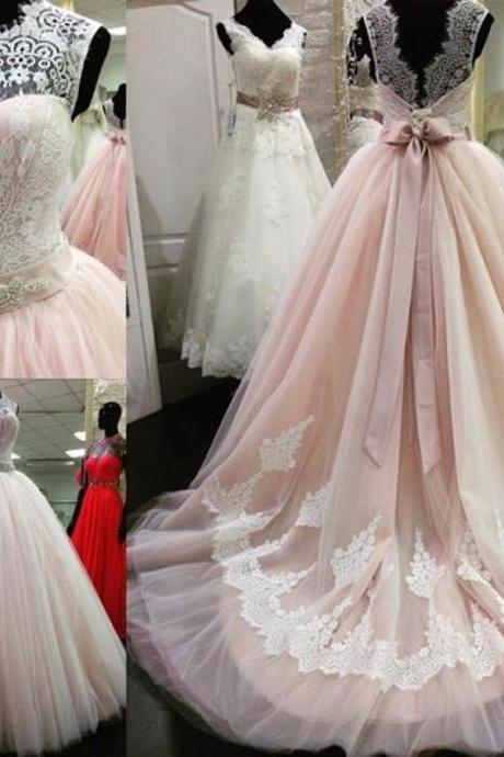 High End Quality Cap Sleeve Lace Crystal Beads Ribbon Sash Low Back Pink Wedding Dress JD22