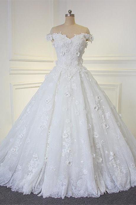 Amazing Beautiful Flowers Handmade Wedding Dress With Off The Shoulder Straps Bridal Dress JD23