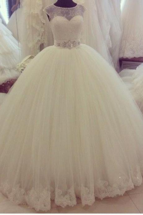 White/Ivory Cap Sleeve Lace Appliqued Rhinestones Crystal Sash Wedding Dress JD52