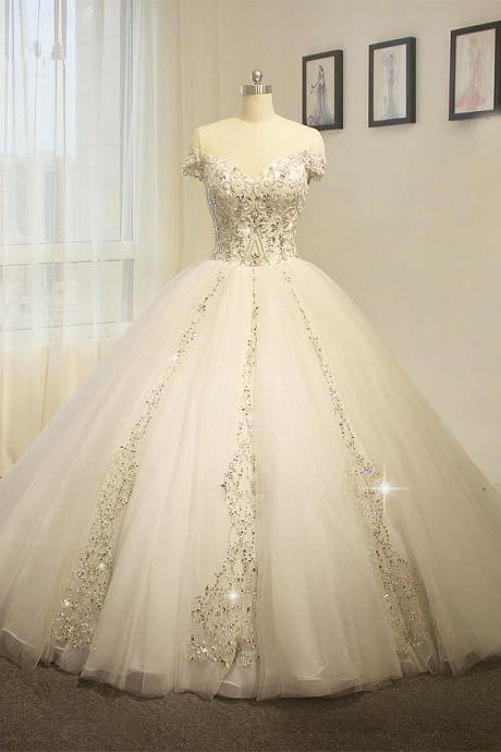 Beaded Embellished Off-The-Shoulder Plunge V Floor Length Tulle Wedding Gown Featuring Lace-Up Back and Chapel Train 