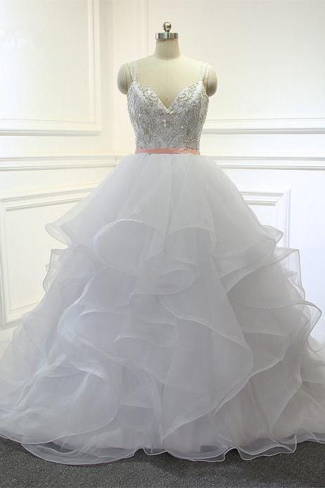 New Design Organza Ruffles With Embroidery Beading Bodice Bridal Wedding Dress JD57