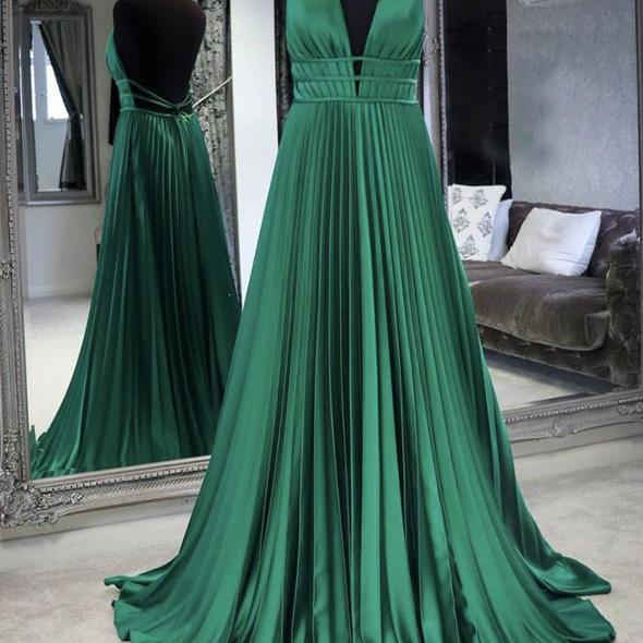 Green Satin Long Prom Dress Simple Lace-Up Evening Party Dress main image 1