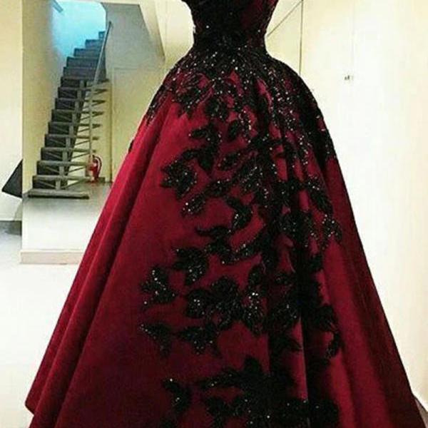 Custom Red Tulle Black Lace Applique Strapless Evening Party Prom Formal Dress B-5.1
