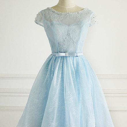 Lace Overlay Blue Cap Sleeve Dress