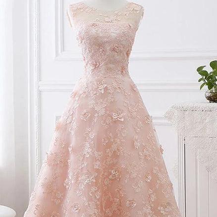 Charming Tea Length Light Pink Lace Wedding Party Dress, Pink Party ...