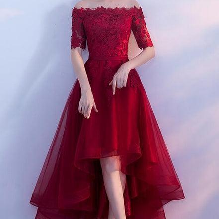 Stylish Wine Red Lace High Low Prom Dress 2020, Party Dress