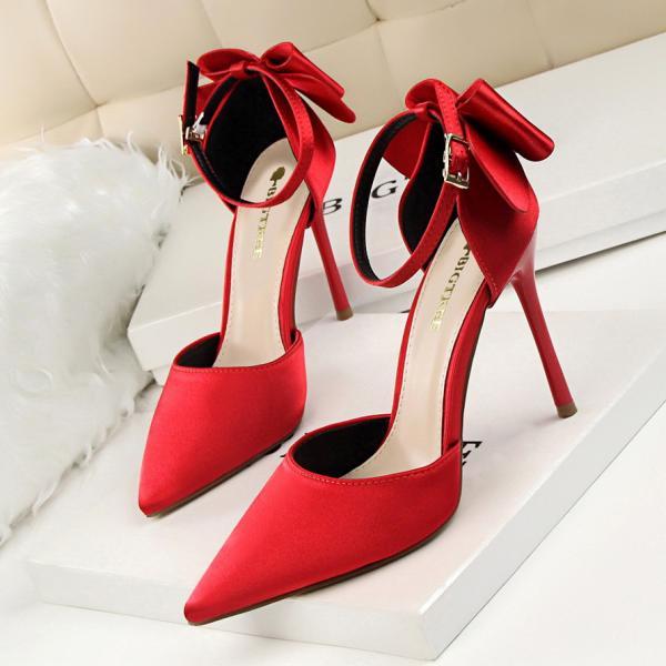 Red satin bow heels best sale