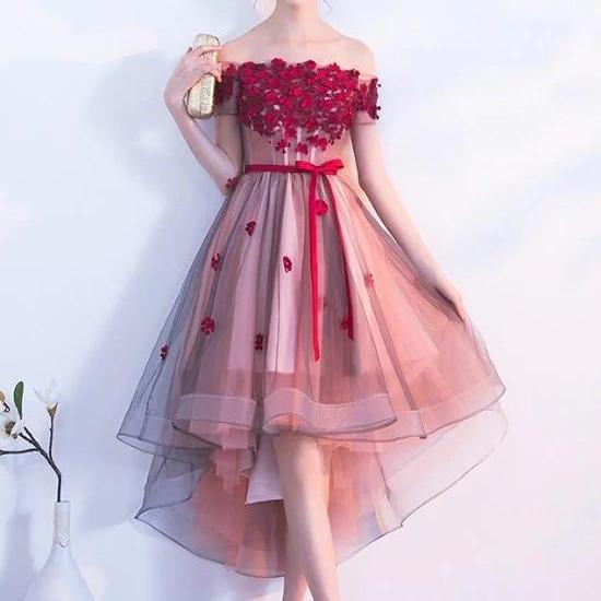 Charming Off Shoulder Tulle long Party Dress, Floral Applique Party Dress main image 0
