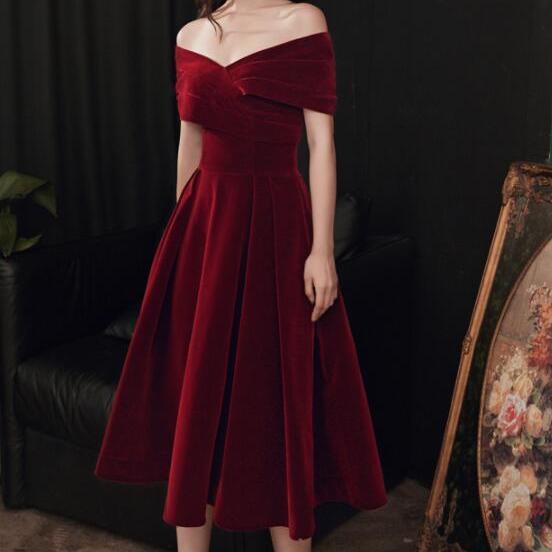 Wine Red Off Shoulder Chic Sweetheart Tea Length Party Dress,Velvet Evening Dress