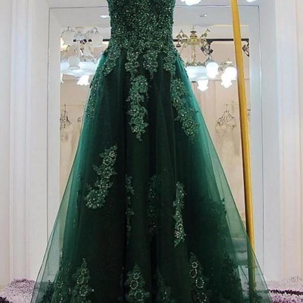 Beautiful Long Green Sweetheart Lace Applique Evening Gown, Green Prom Dress M363
